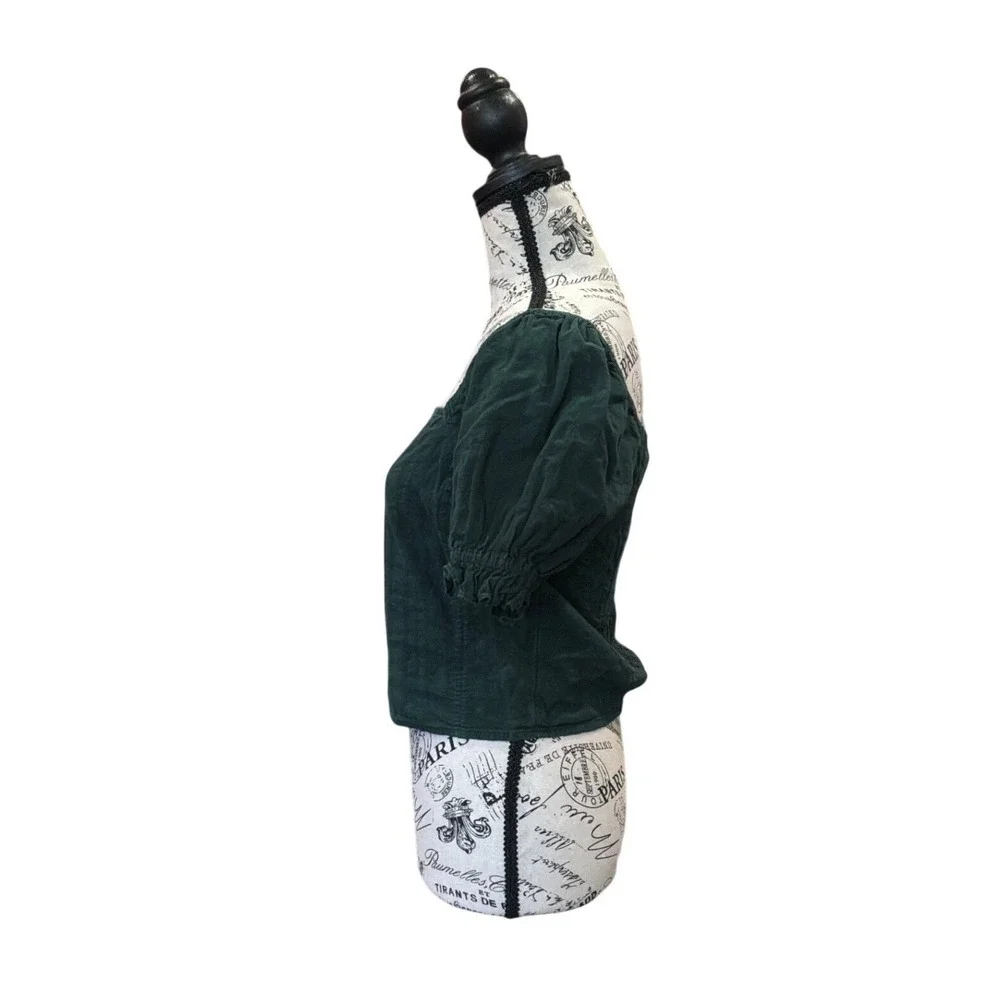 Madewell Dark Green‎ Puff Sleeve Smocked Back Square Neck Top Small Textured